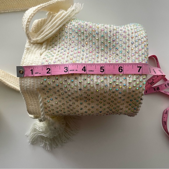 Artisan Boho Crochet Macrame Drawstring Ivory Bag with Tassels and Rhinestones - Picture 7 of 12